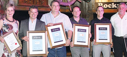 Patron member awards were given to new Durban branch sponsors: (middle four left to right) Alex Macedo (Instroworx), Brad Maher (Elonics), Antony Hittler (IFM Electronic) and Anton Schilz (Loadtech). Jane van der Spuy (left) was given her certificate for Senior Membership and of course Chairman Hennie Prinsloo is on the right, proudly looking on.